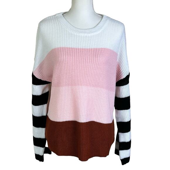 Zesica Sweater Women Medium Loose Knit Color Block Pink White Black Stripes - Picture 1 of 11